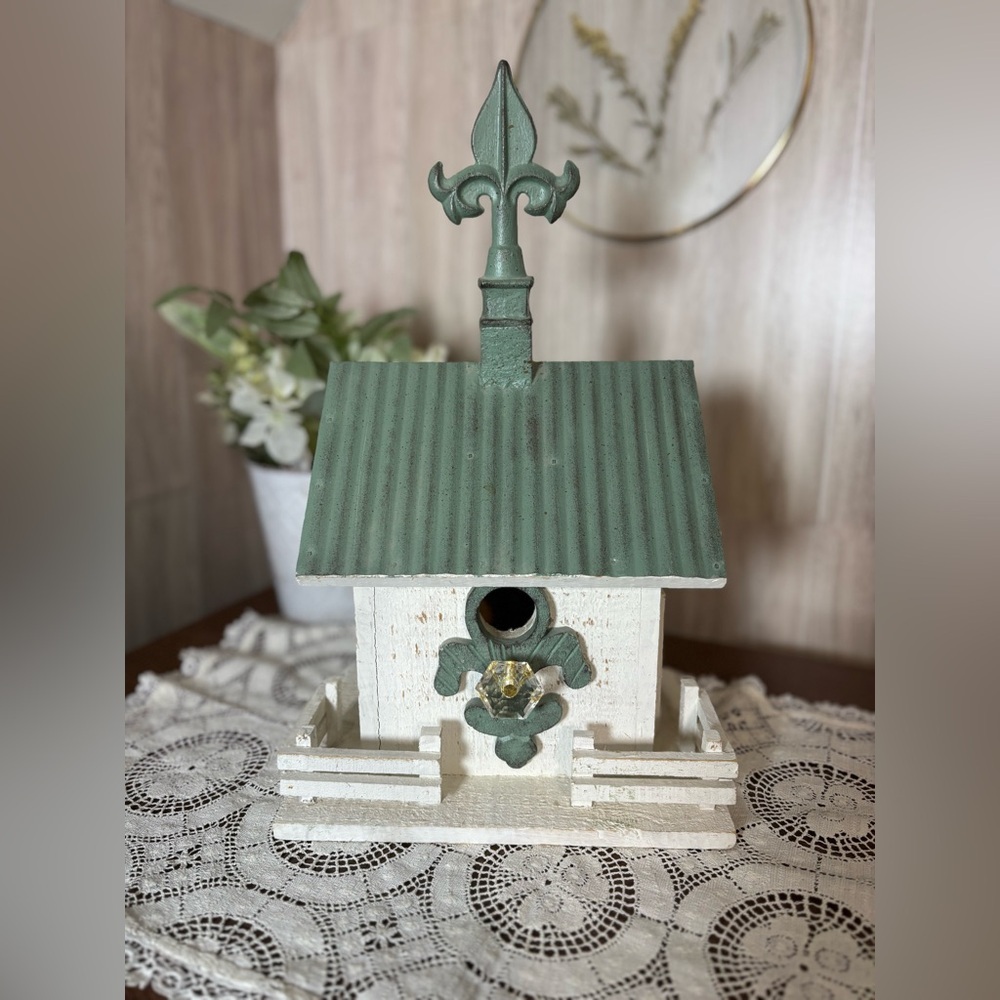 Elegant Handcrafted Green Cream Church Birdhouse Fleur-de-Lis Rustic Farmhouse